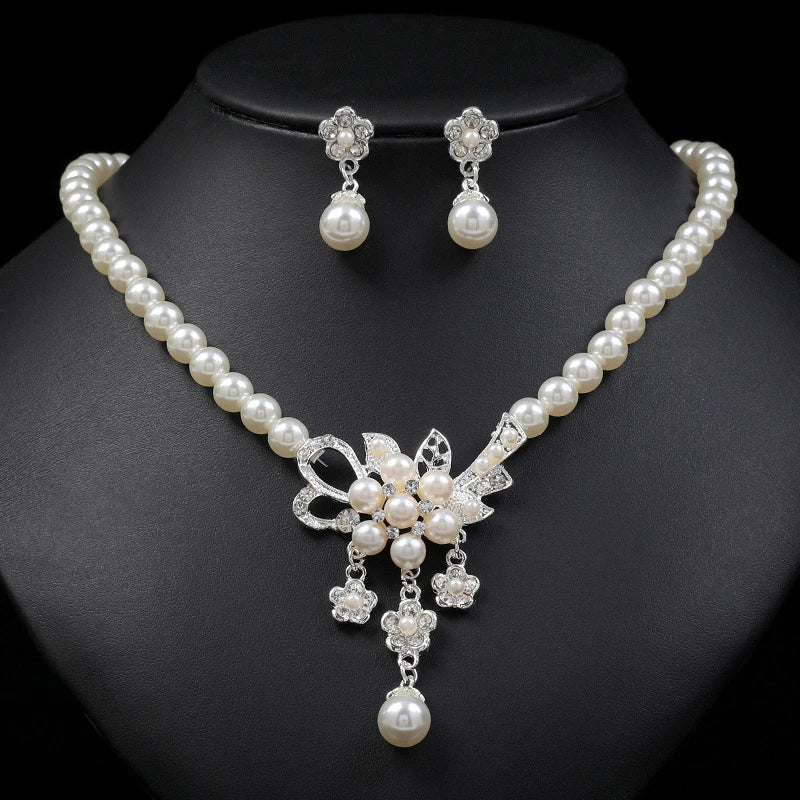Women's Faux Pearl Rhinestone Flower Necklace & Earring Set Jewelry Set Axl Silver