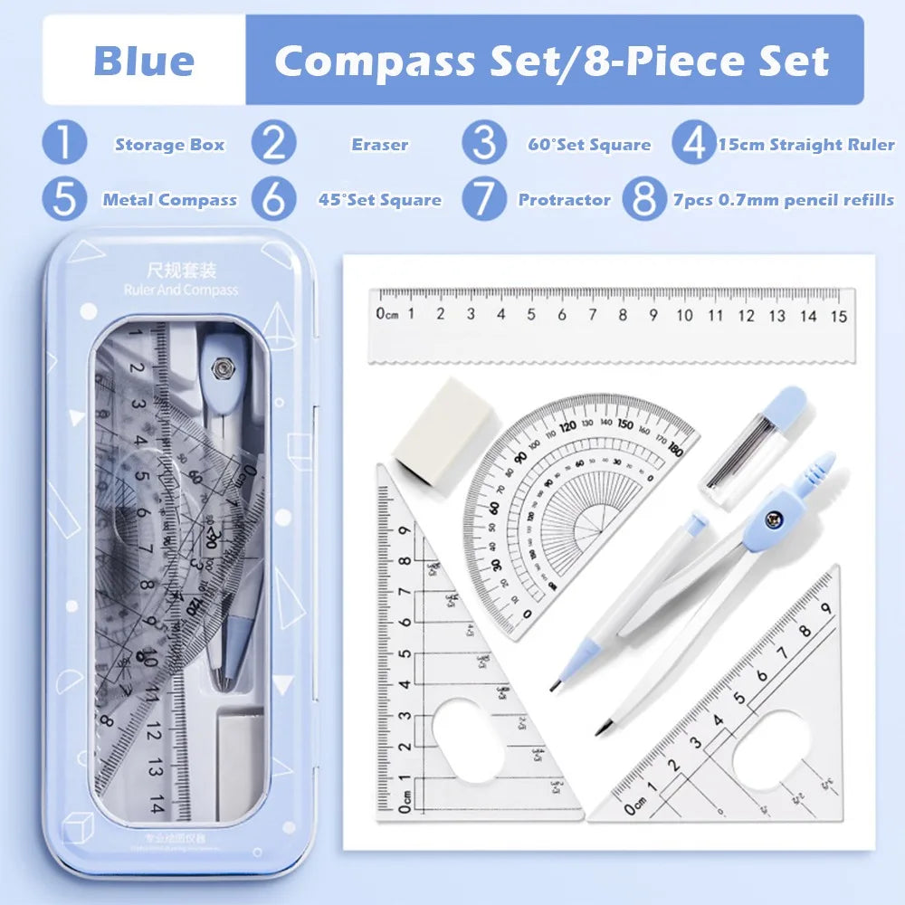 8-Piece Student Geometry Set – Rulers, Compass & Protractor Geometry Drawing Set Axl Blue 8PCS A