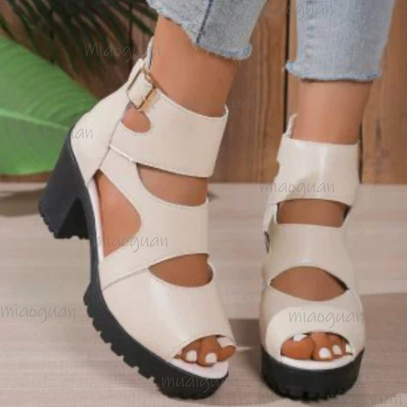 Women's Platform Gladiator Sandals – Square Heel Open Toe Platform Heeled Sandals Axl Beige 39