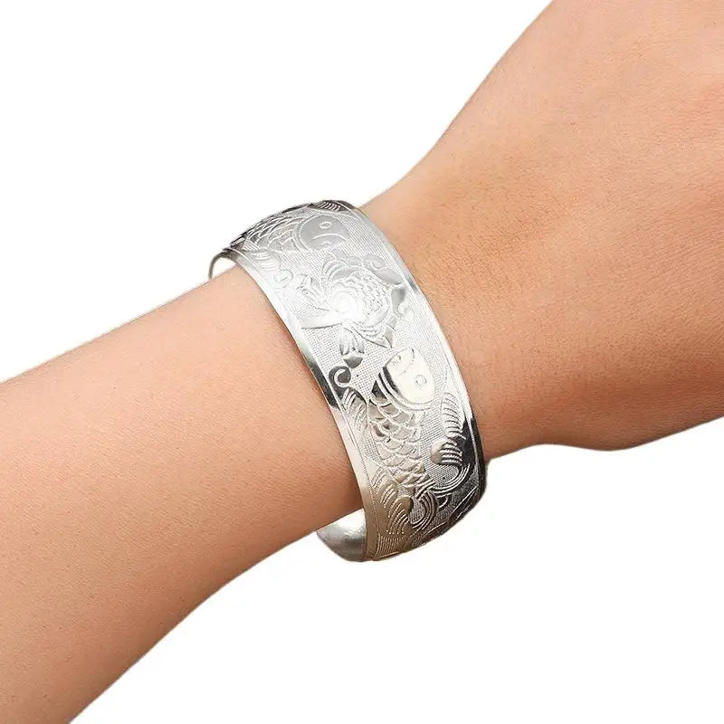 Bohemian Silver Wide Cuff Bracelet – Carved Flower Boho Jewelry Cuff Bracelet Axl