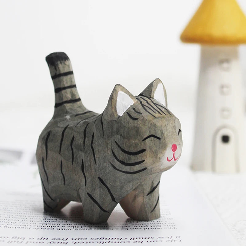 Handmade Wood Carved Kitten Ornament – Cat Desktop Decor Wood Cat Ornament Axl