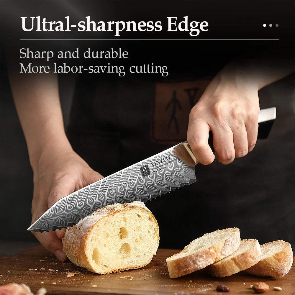 XINZUO 8.5" Damascus Steel Bread Knife – G10 Ergonomic Handle Damascus Bread Knife Axl