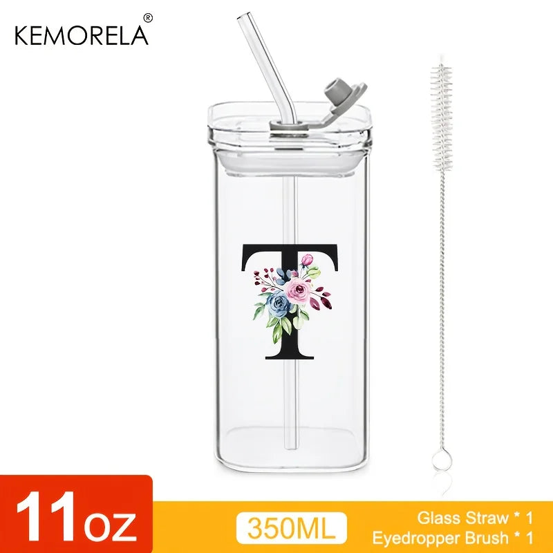 KEMORELA 300ml Letter-Shaped Glass Tumbler with Lid & Straw Glass Tumbler Axl T 300ML