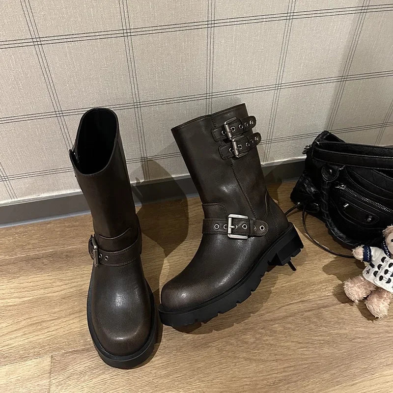 Women's Retro Western Cowboy Mid-Calf Motorcycle Boots Women's Mid-Calf Boots Axl
