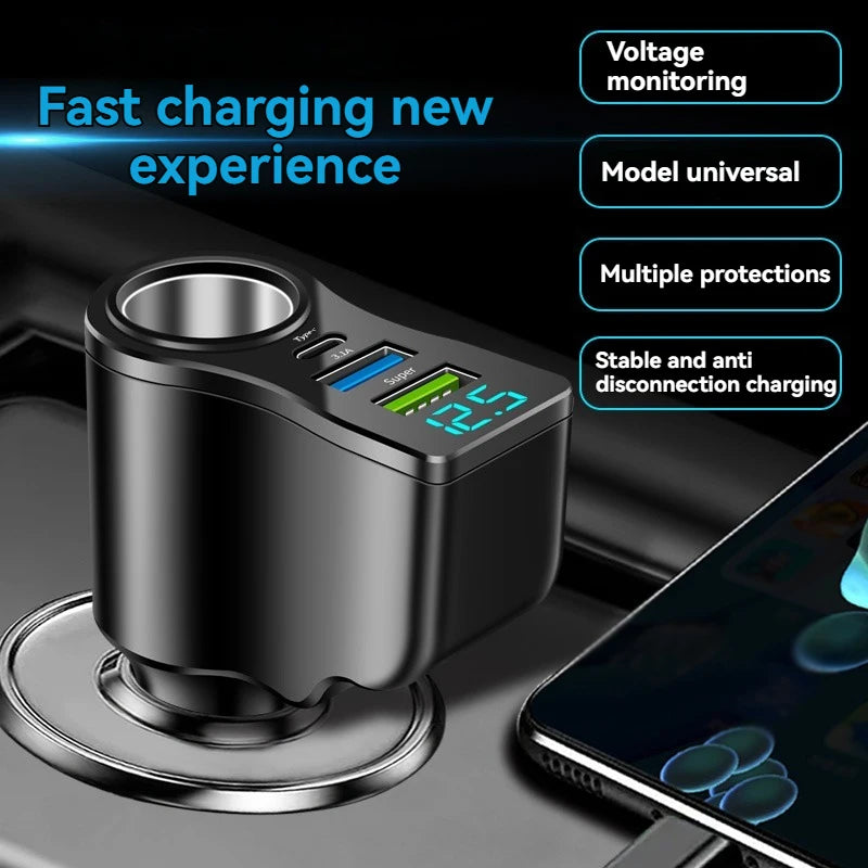 4-Port USB Car Charger 60W Fast Charging & Voltage Display Car Charger Axl