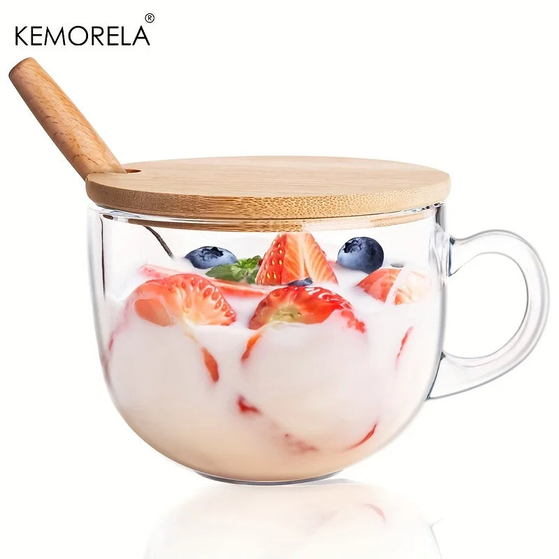 KEMORELA 400ml Glass Overnight Oats Cup with Lid & Spoon Glass Breakfast Cup Axl 1PCS 301-400ml
