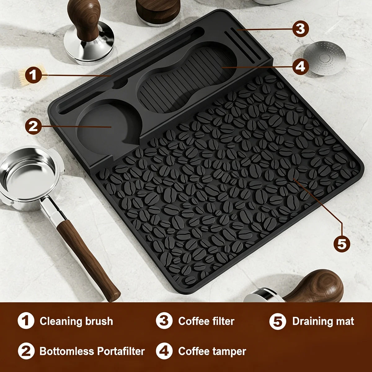 Silicone Espresso Tamping Mat with Tool Slots – Barista Station Espresso Tamping Mat Axl