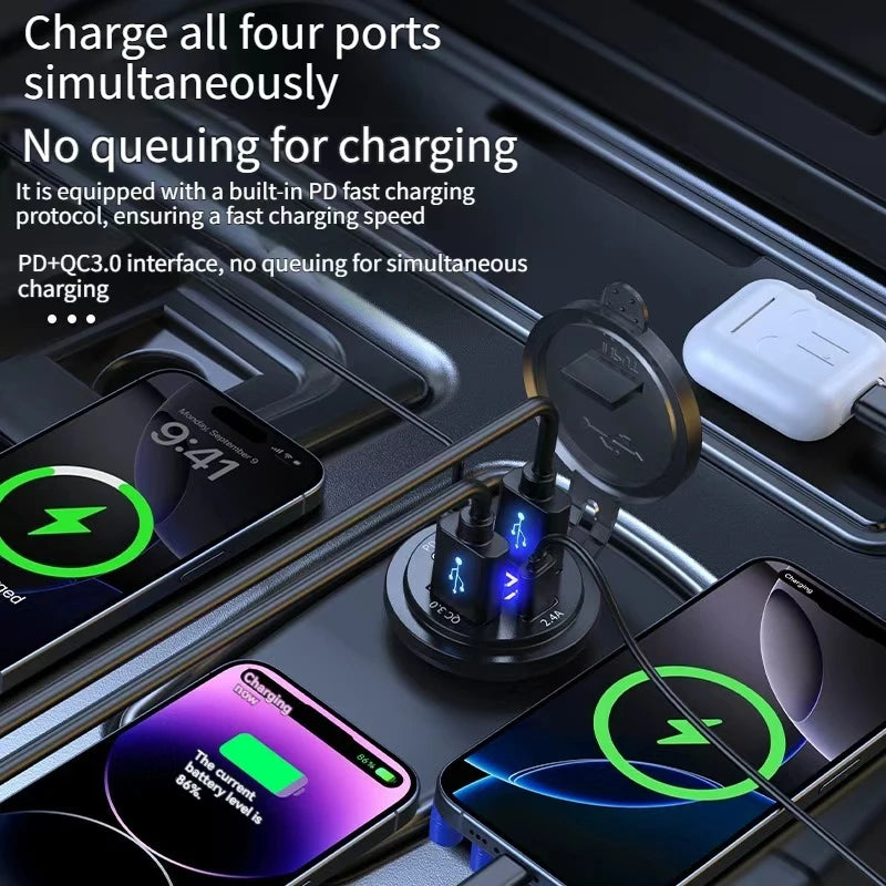 4-Port Car Charger Socket Dual USB-C & USB-A 96W + Voltmeter Car Charger Socket Axl