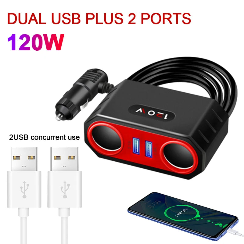 4-Port USB Car Charger 120W Fast Charge Adapter 12–24V Car USB Charger Axl