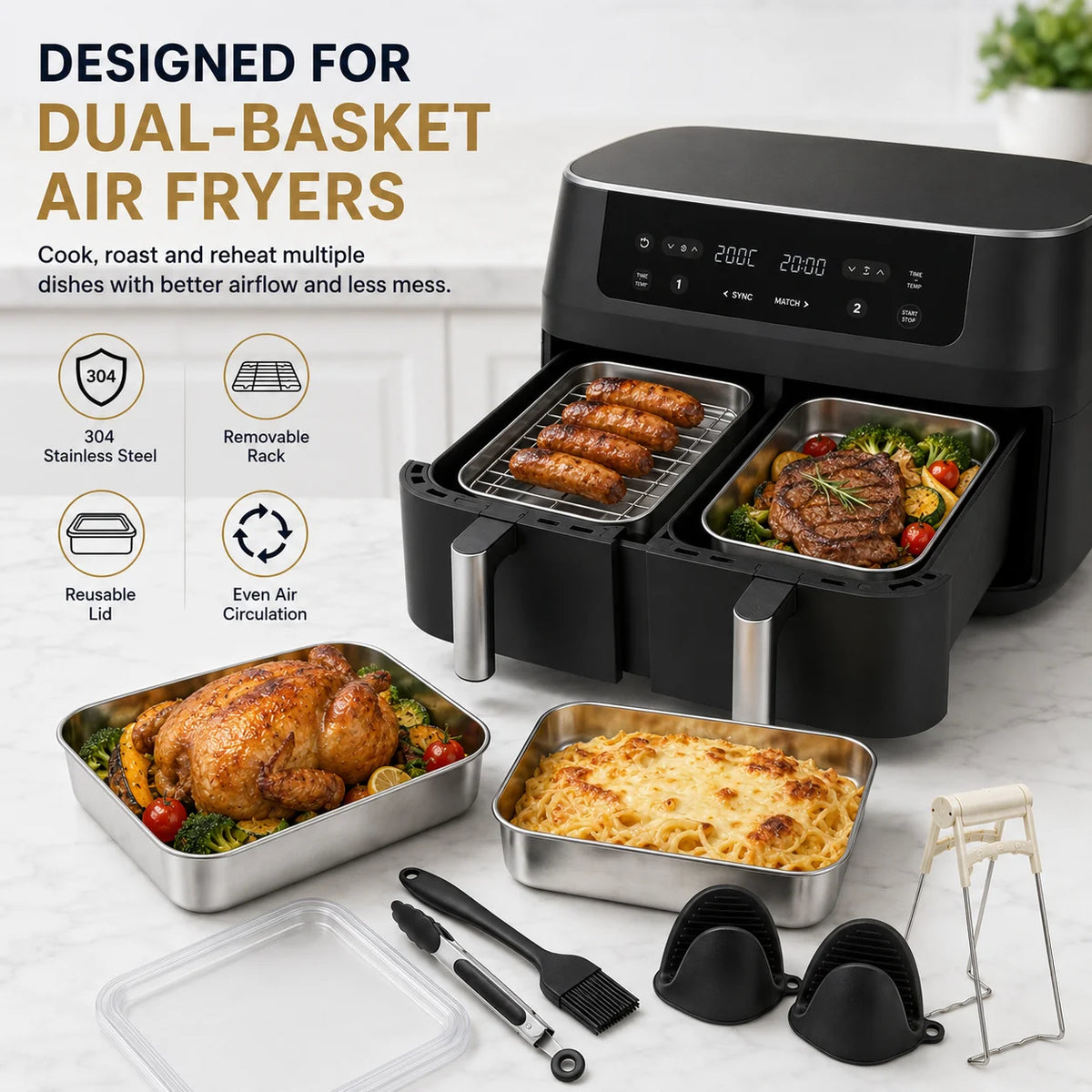 Dual Zone Air Fryer Stainless Steel Baking Pan & Rack Set Air Fryer Accessory Set Axl