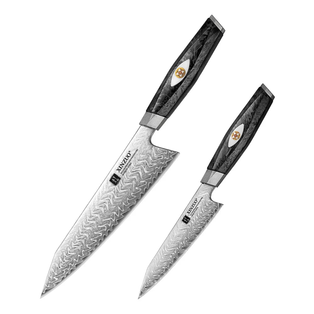 XINZUO Damascus Knife Set 2–7 PC | 145-Layer M390 Steel & Carbon Fiber Damascus Knife Set Axl 2PCS Knife Set