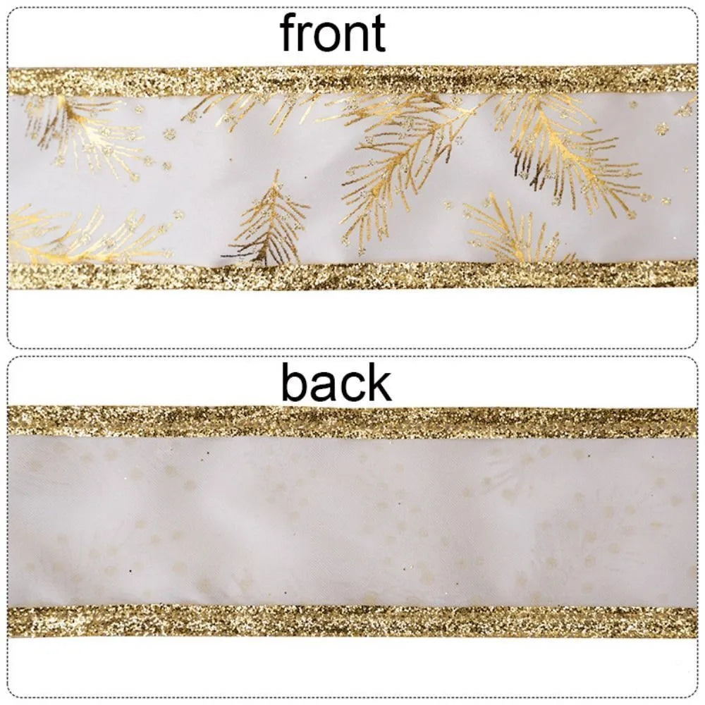 5M Gold Leaves Wired Christmas Ribbon – Tree, Bow & Gift Decor Christmas Wired Ribbon Axl