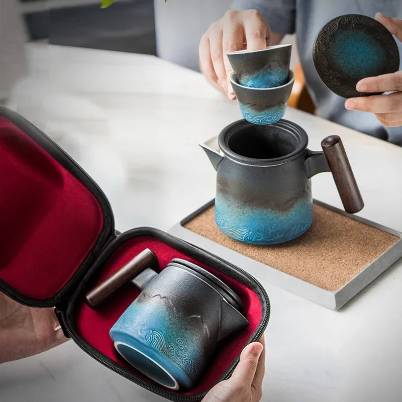 Ceramic Blue Kung Fu Travel Tea Set | Japanese Portable Teapot Kung Fu Tea Set Axl