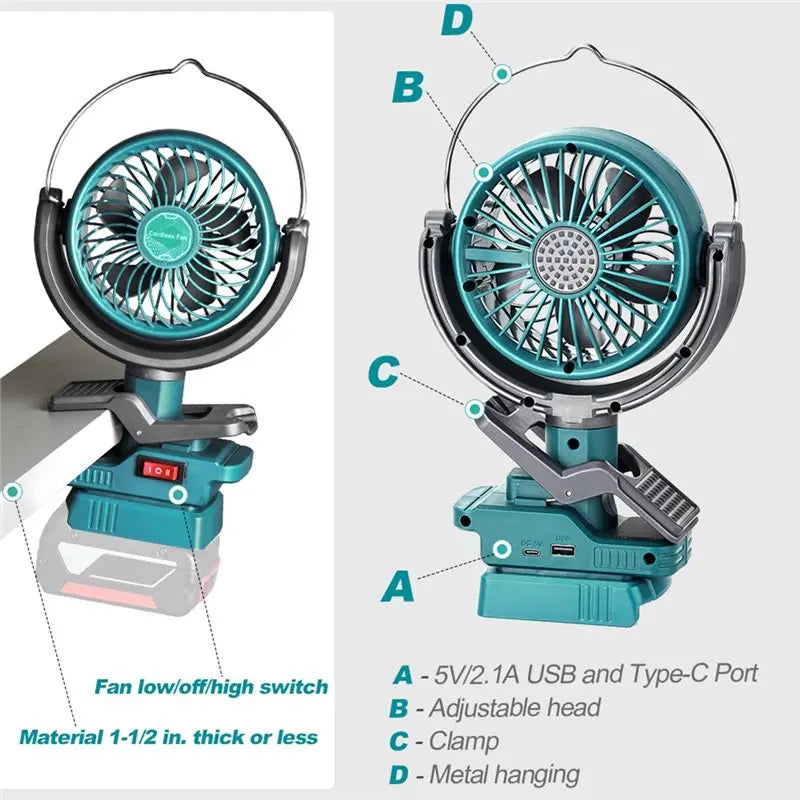 Cordless Clip Fan 18V Battery Dual USB 2-Speed – Camping & Work Cordless Clip Fan Axl