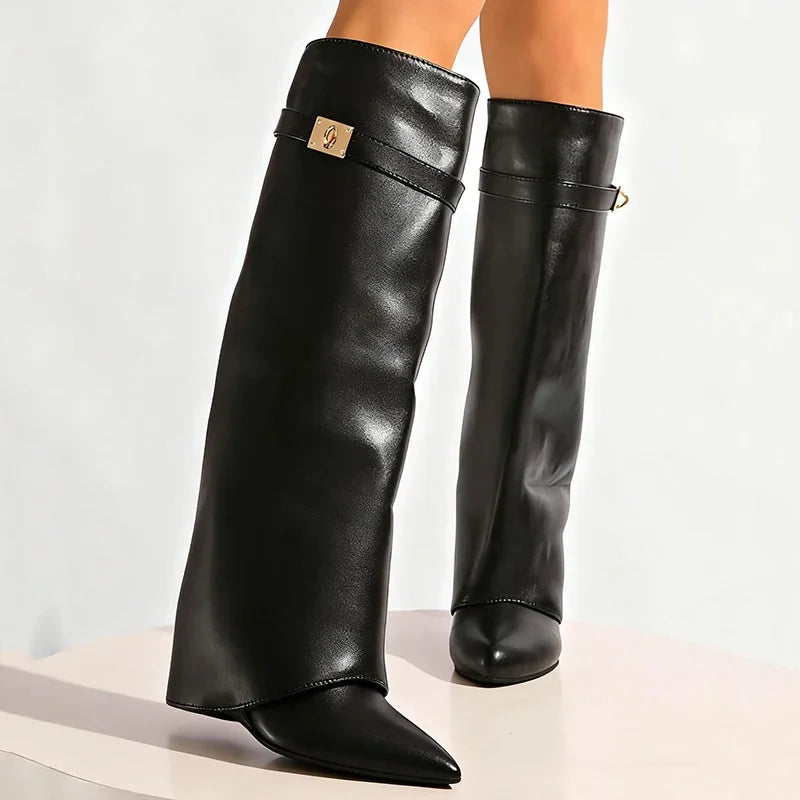 Women's Black Knee High Wedge Boots – Pointed Toe Punk Style Knee High Boots Axl