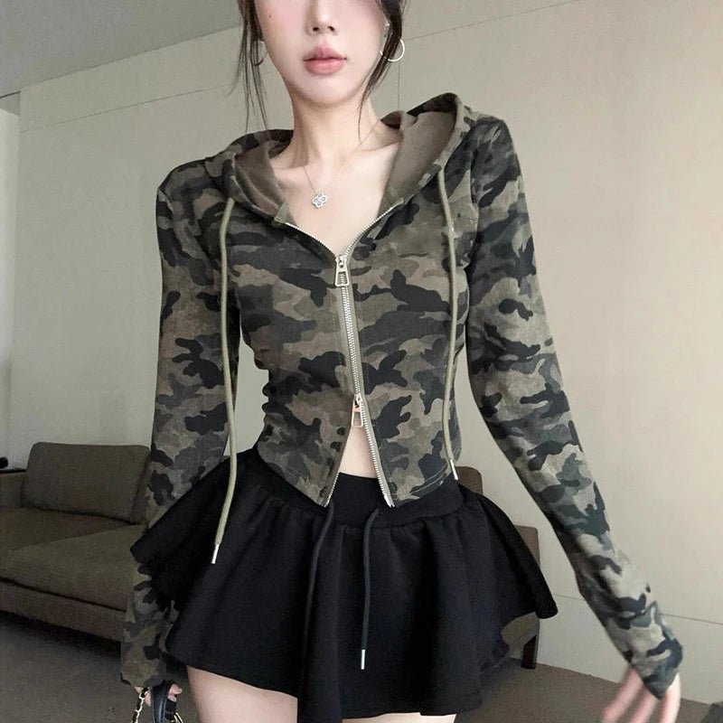Women's Camo Hooded Crop Jacket – Zip Up Slim Fit Streetwear Crop Hoodie Jacket Axl