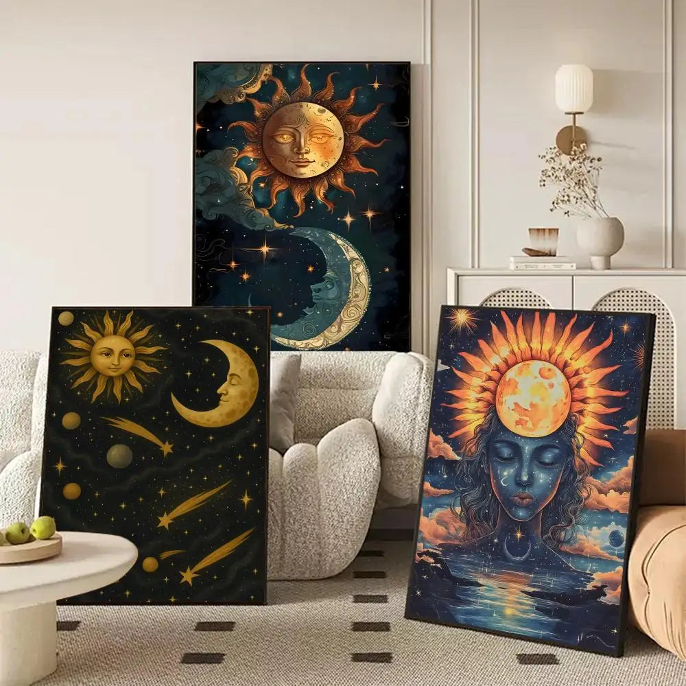 Sun Moon Elegant Canvas Wall Art – Vintage Floral Poster Print Canvas Wall Art Axl