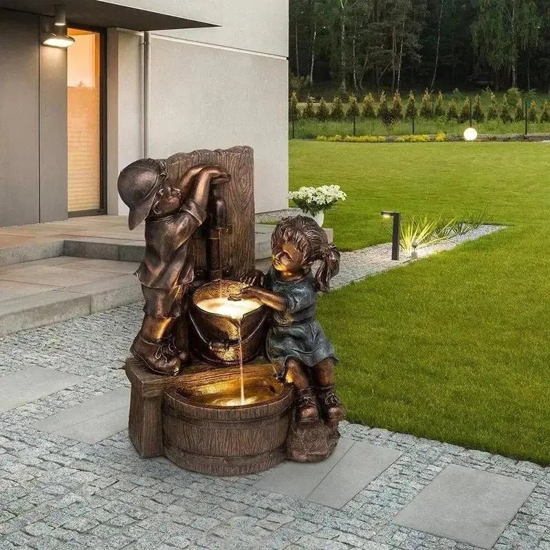 Boy & Girl Water Play Resin Garden Sculpture – 10cm Ornament Garden Sculpture Axl