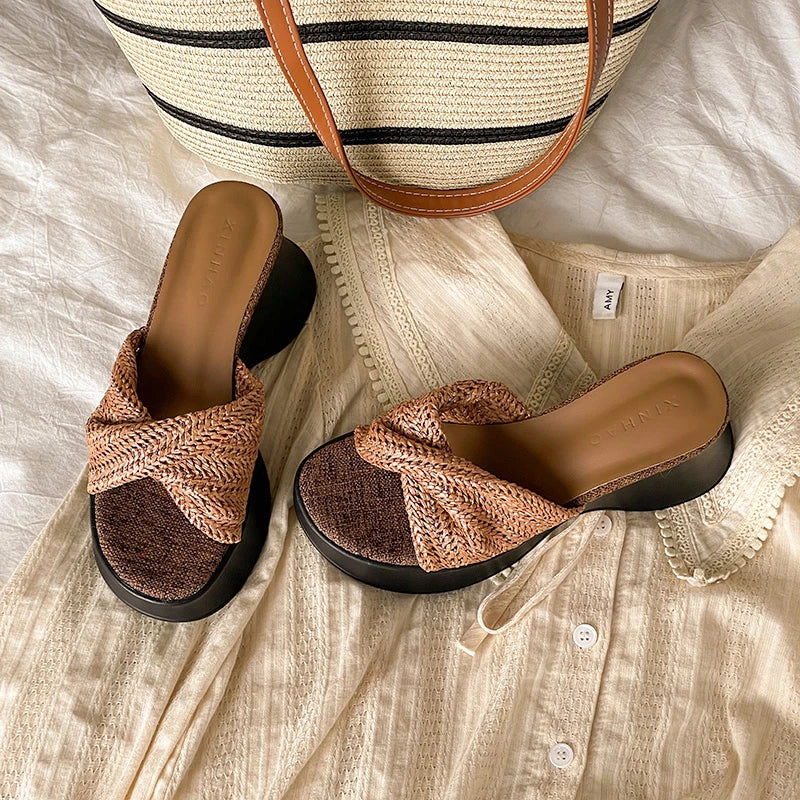 Women's Woven Platform Wedge Sandals – Open Toe Slides Platform Wedge Sandals Axl Brown 39