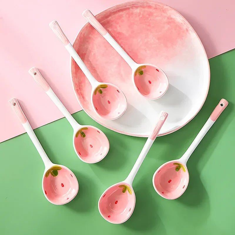 KEMORELA Strawberry Ceramic Long Handle Spoon – Korean Design Ceramic Spoon Axl