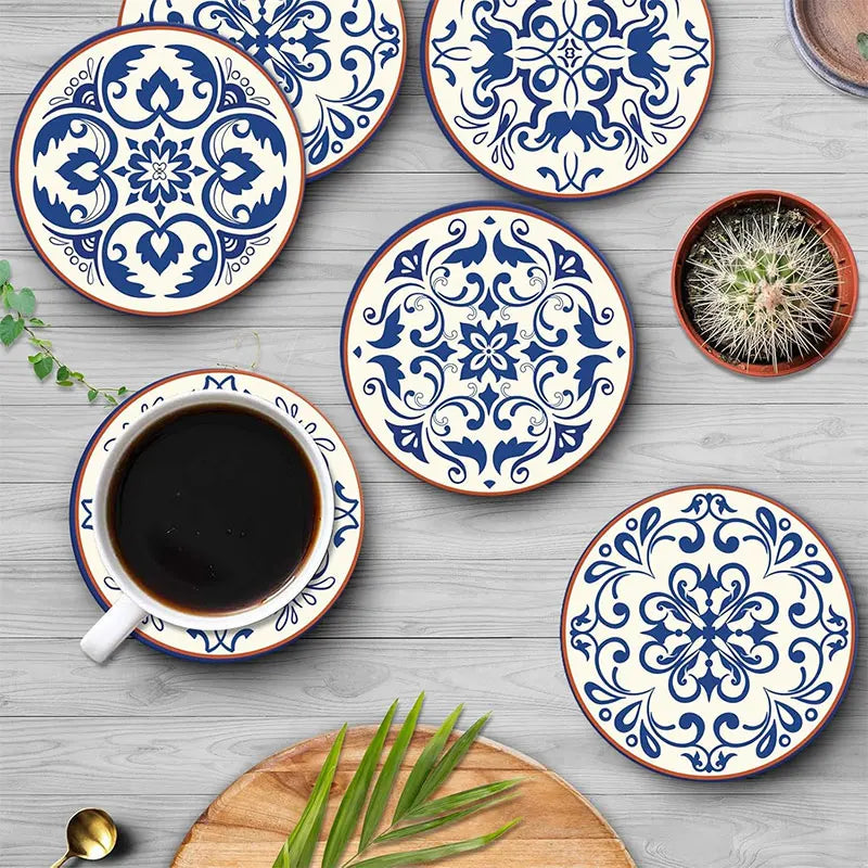 Ceramic Stone Coaster Set of 6 | Spanish Floral with Holder Ceramic Coaster Set Axl