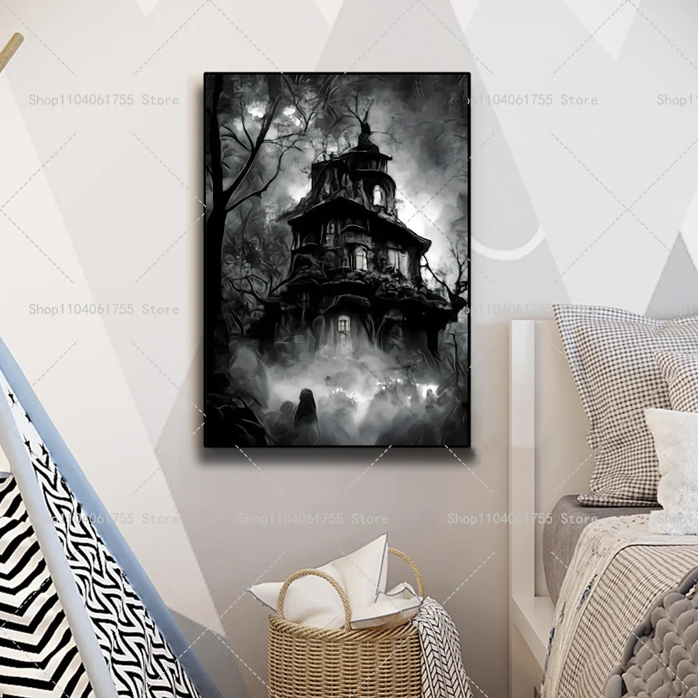 Halloween Gothic Haunted House Wall Poster – Self-Adhesive Wall Art Poster Axl