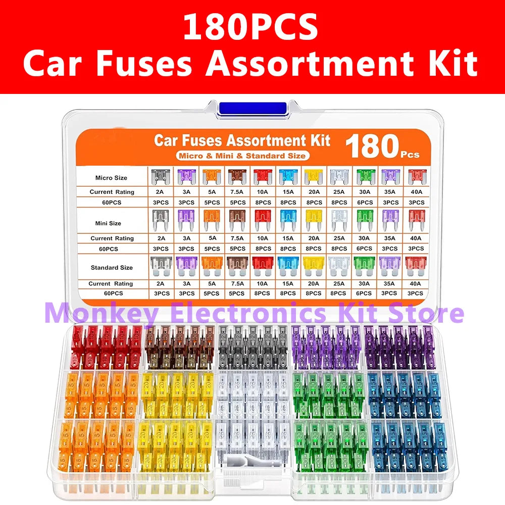180PCS Car Fuse Assortment Kit – Mini, Standard & Micro Fuses Automotive Fuse Kit Axl 180PCS Kit