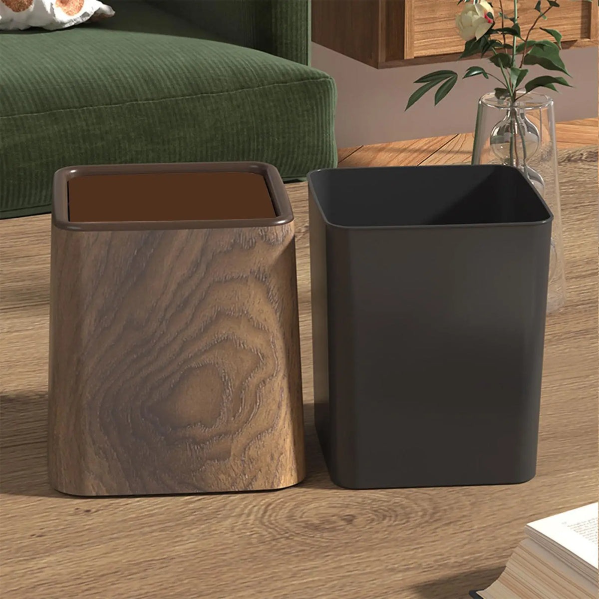 Retro Wood Grain Desk Trash Can with Lid | Small Desktop Bin Desktop Trash Can Axl