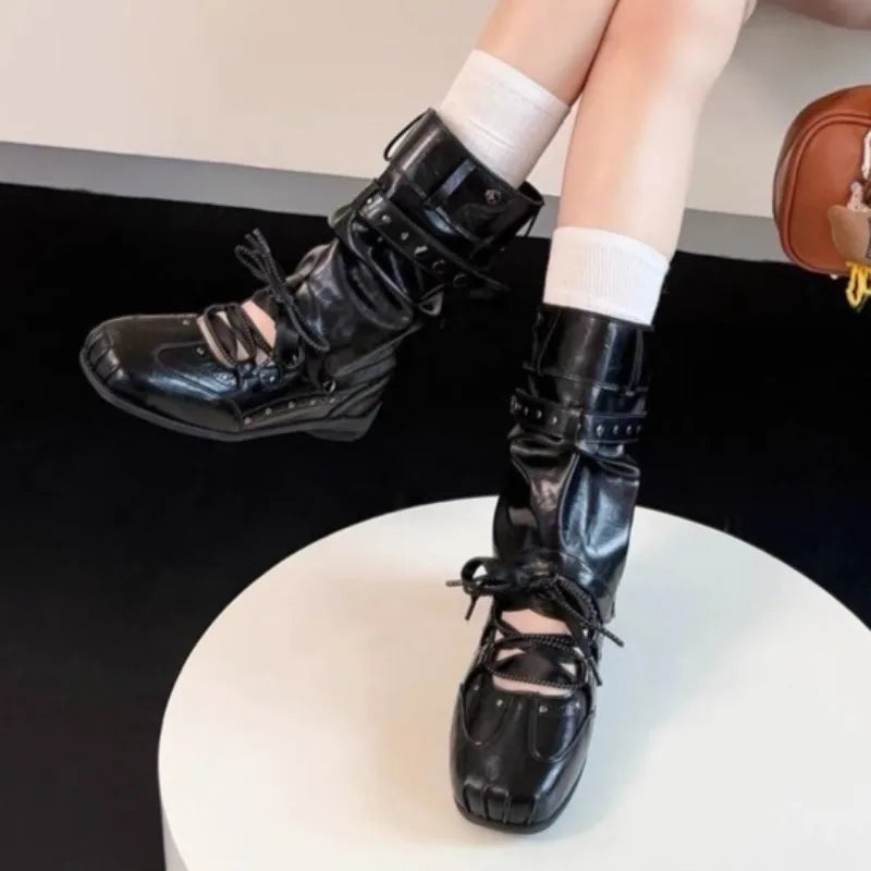 Women's 2-in-1 Flat Ballet Boots | Korean Mary Jane Slip-On Flat Convertible Boots Axl 39 black