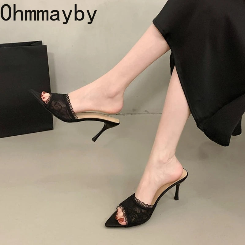 Women's Lace High Heel Mules – Open Toe Slip-On Party Slides High Heel Mules Axl