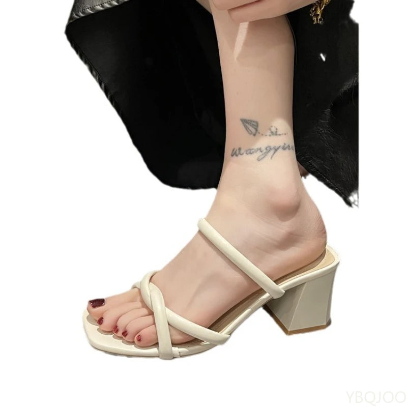 Women's Square Toe Block Heel Slippers – Retro Summer Style High Heel Slippers Axl