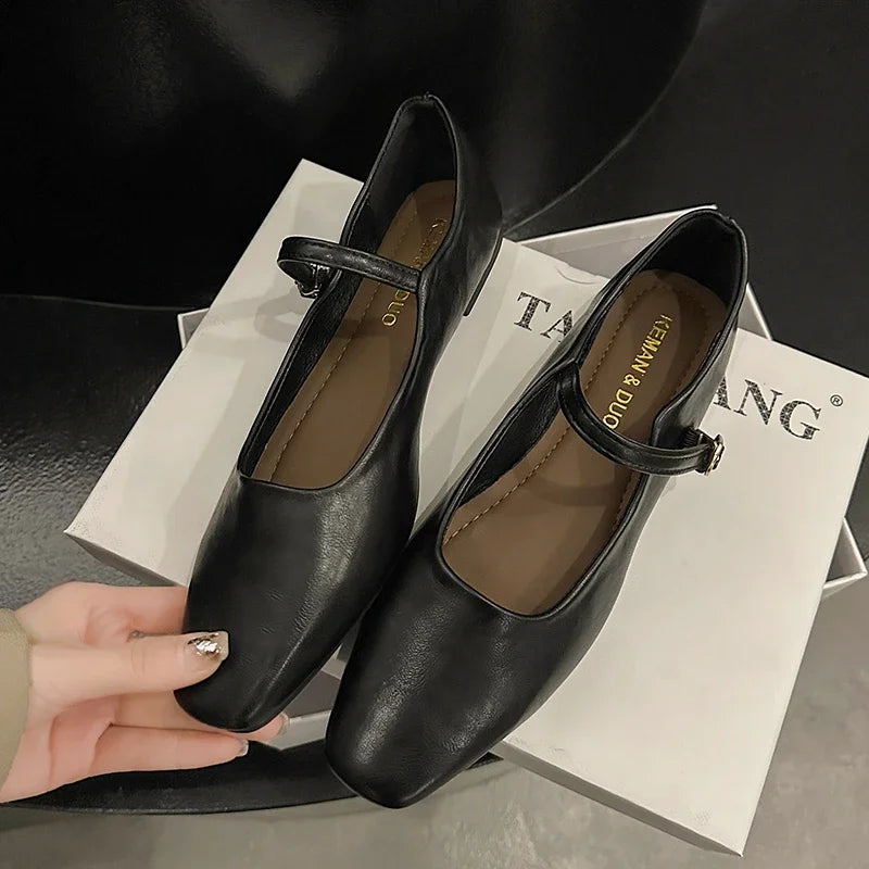 Mary Jane Low Heel Shoes – Retro Square Toe Buckle Flats Mary Jane Flats Axl