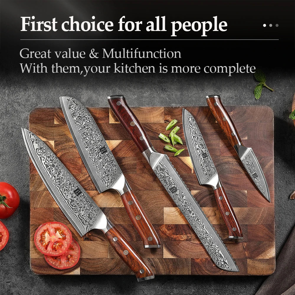 XINZUO 5-Piece Damascus Steel Knife Set | 67-Layer Rosewood Damascus Knife Set Axl