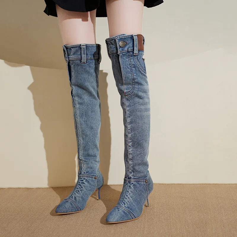 Women's Pointed Toe Knee-High Boots | Retro Slim Heel Slip-On Knee-High Boots Axl
