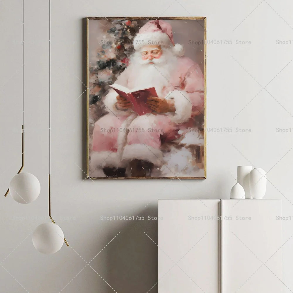 Christmas Pink Reindeer Santa Wall Poster | Self-Adhesive Sticker Wall Art Poster Axl