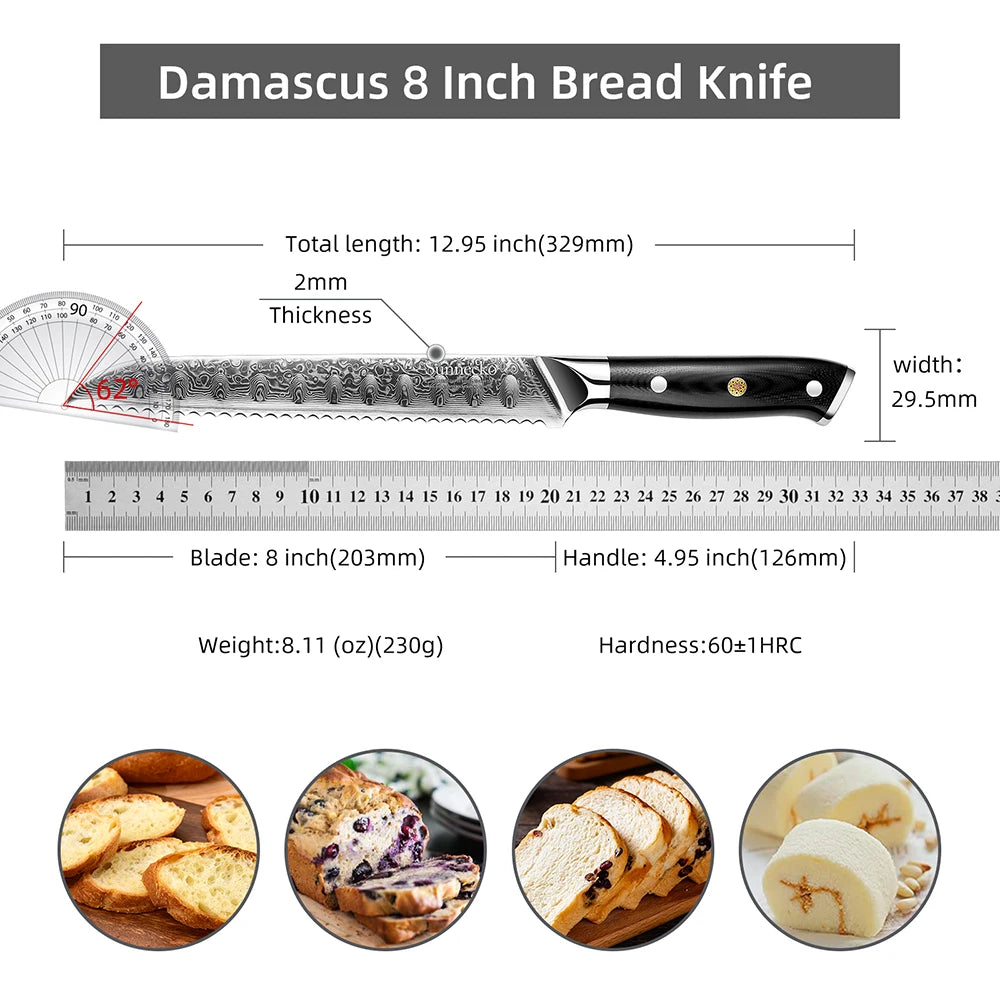 Sunnecko 73-Layer Damascus Steel Kitchen Knife Set | 1-4 Pc Kitchen Knife Set Axl 8 Inch Bread Knife China Mainland