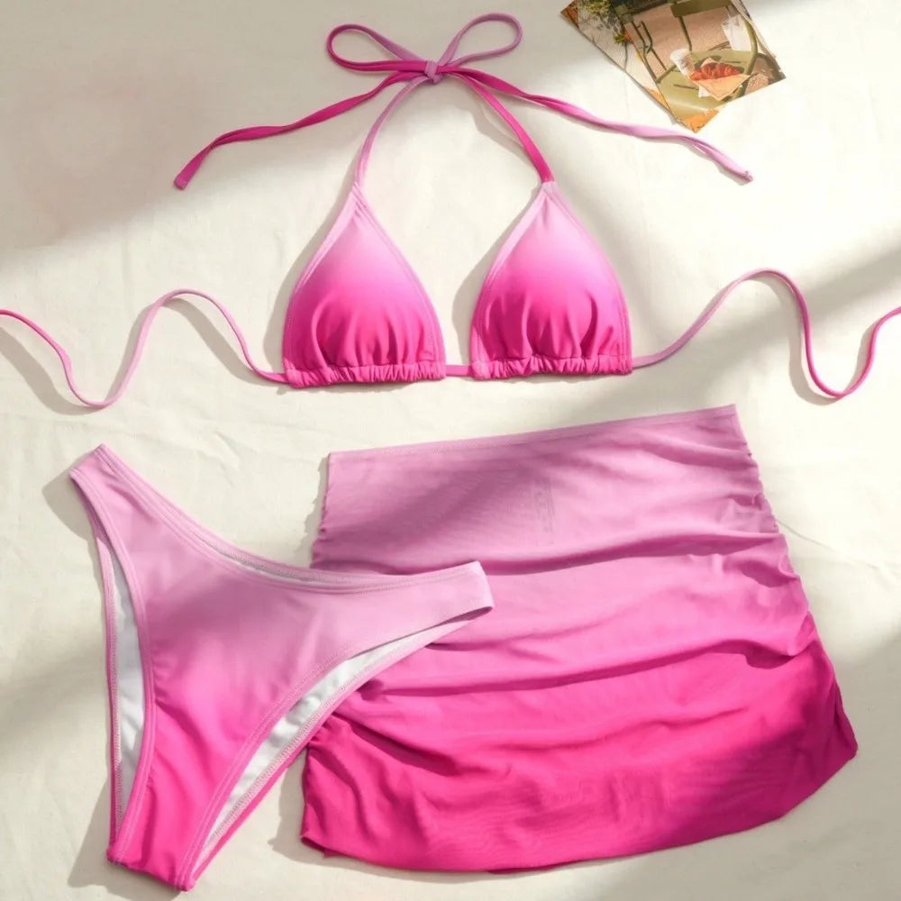 3-in-1 Lace-Up Gradient Bikini Set – Deep-V Swimwear S–XL Bikini Swimwear Set Axl