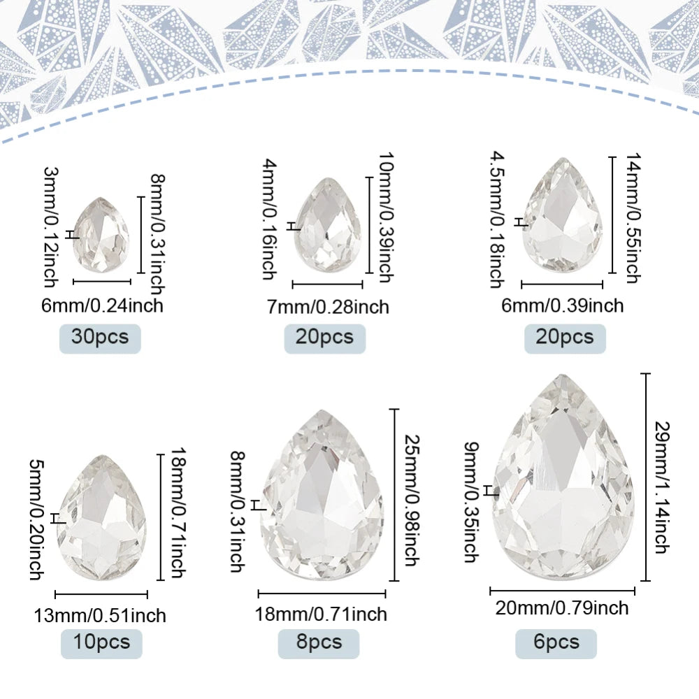 94 Pcs Teardrop Glass Rhinestones – 6 Sizes, Pointed Back Gems Craft Rhinestone Set Axl AECH04-00199