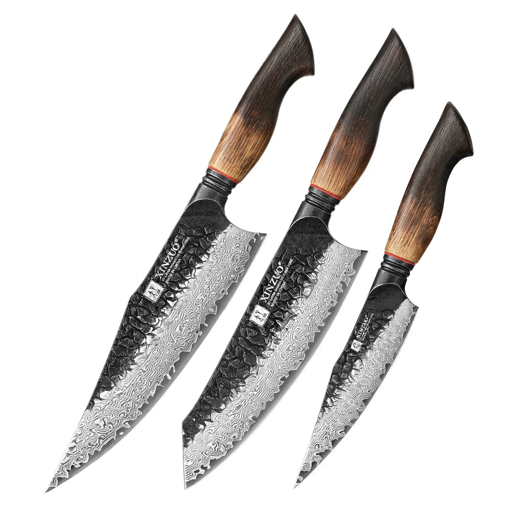 XINZUO 6-Piece Damascus Knife Set – 67-Layer Steel & Oak Handles Damascus Knife Set Axl 3PCS Knife Set