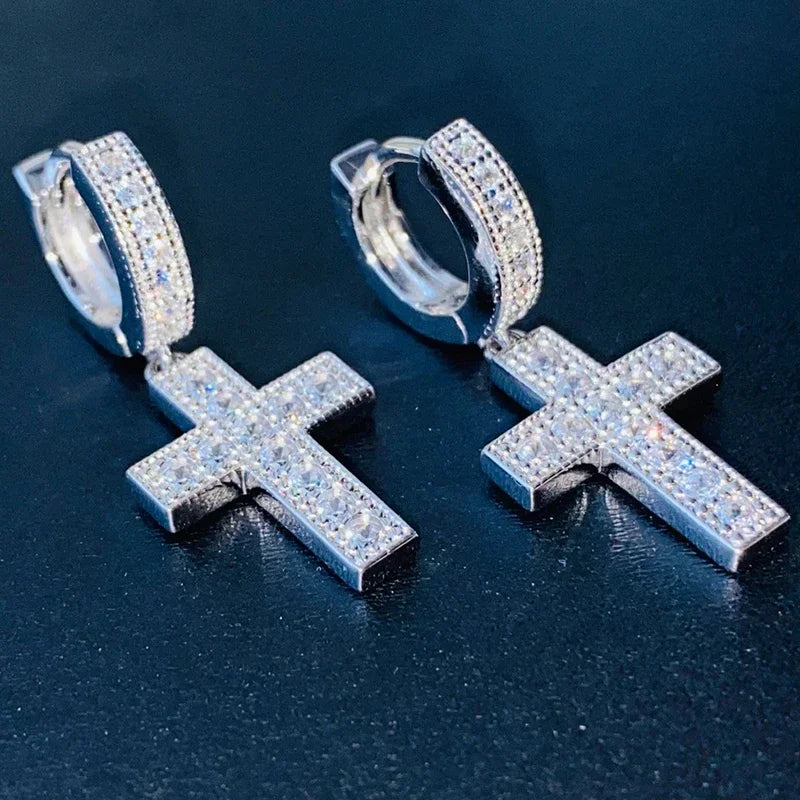 Huitan Crystal CZ Cross Dangle Earrings | Hip Hop Statement Crystal Drop Earrings Axl