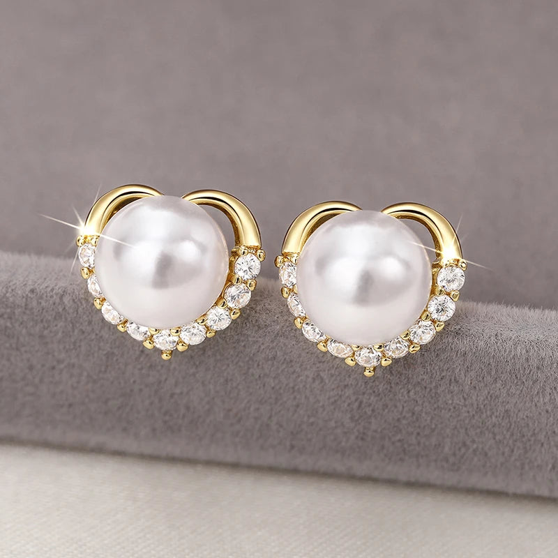 Huitan Heart Pearl Stud Earrings – Women's Trendy Fashion Jewelry Pearl Stud Earrings Axl E4595