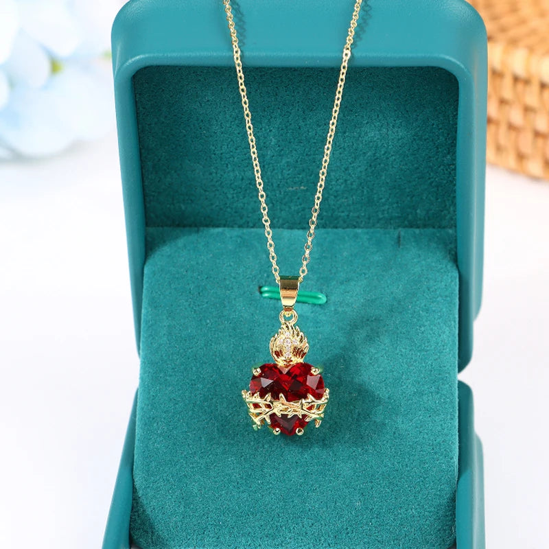 Jesus Cross Choker Necklace – Red Zircon Heart Pendant Women Pendant Necklace Axl