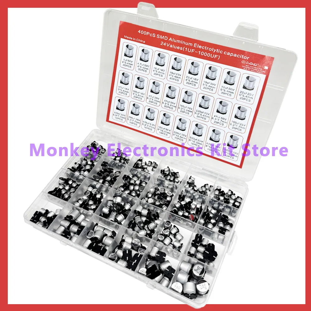 400PCS SMD Electrolytic Capacitor Kit – 24 Values 1uF–1000uF Capacitor Assortment Kit Axl