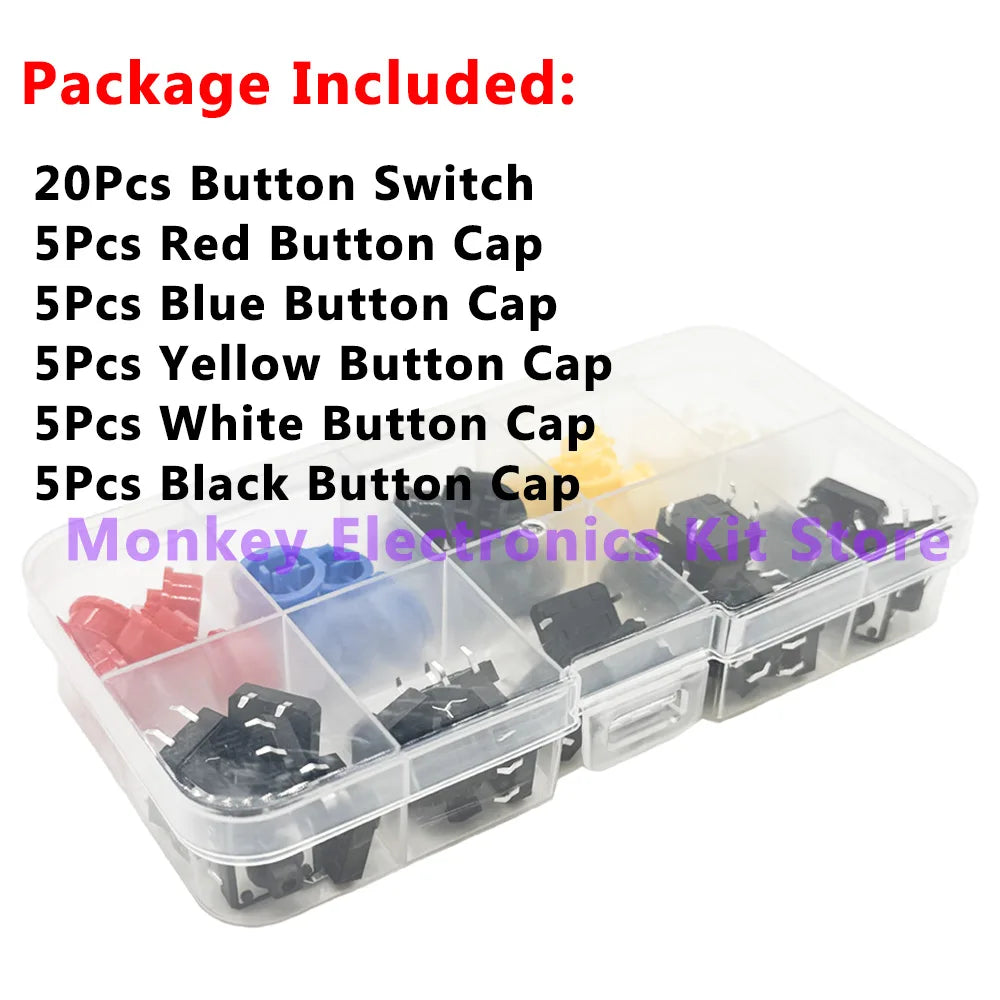 25PCS Tactile Push Button Switch Kit 12x12x7.3mm – 5 Colors Tactile Switch Kit Axl