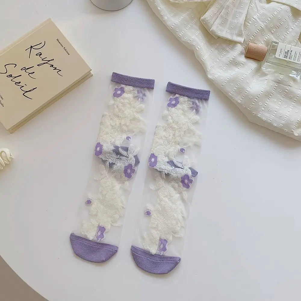 Korean Floral Mesh Tube Socks – Sheer Embroidery Women's Socks Floral Mesh Socks Axl purple One Size