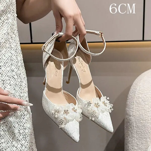 Women's Lace Rhinestone Wedding Pumps – Pointed Toe High Heels Wedding High Heels Axl White 6CM Heel 36