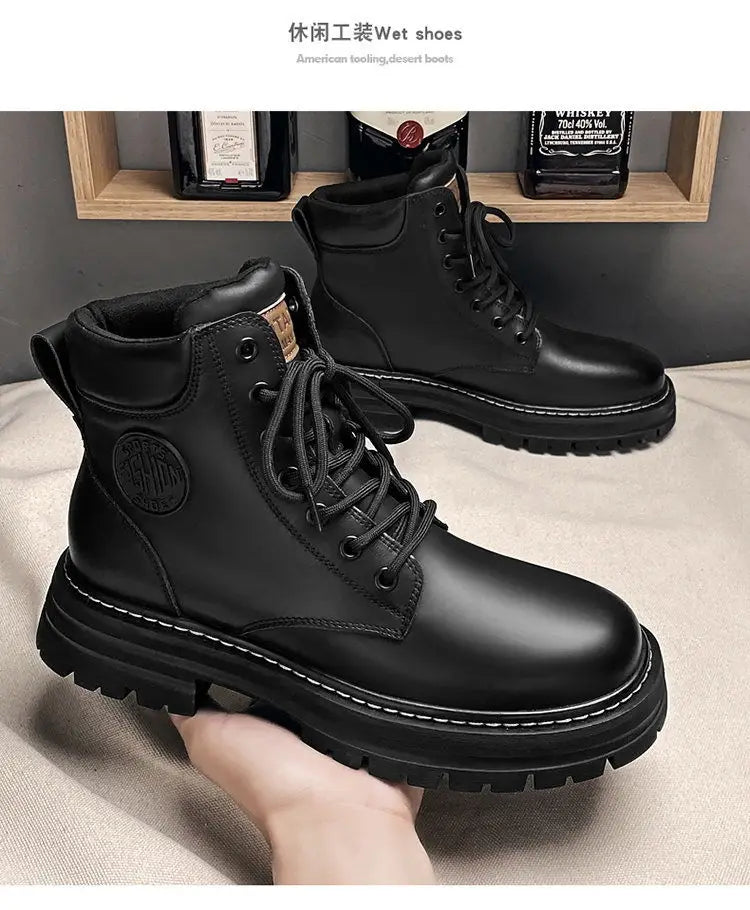 Men's Retro High Top Motorcycle Ankle Boots – Lace-Up Work Boot Motorcycle Ankle Boots Axl Black 40
