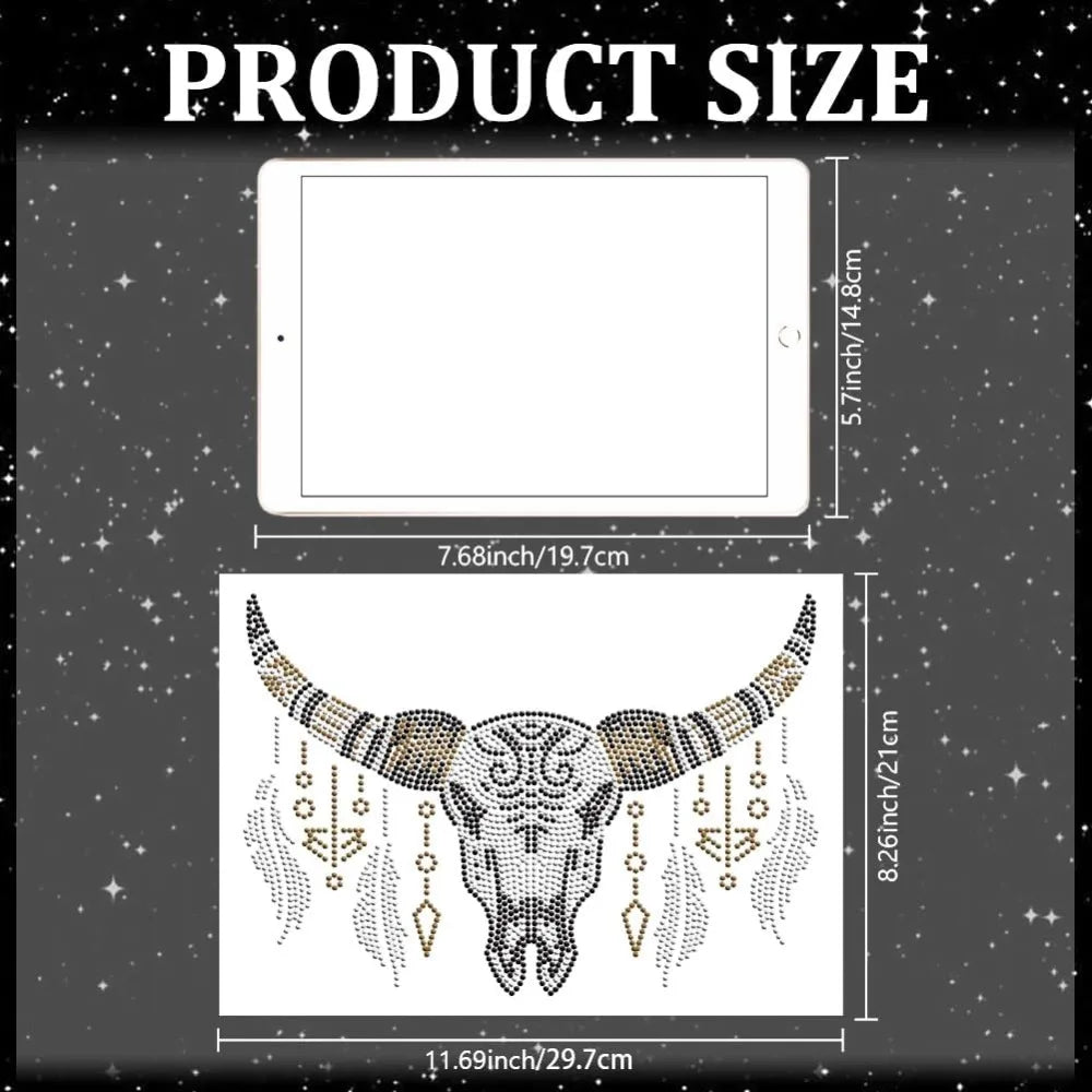 Rhinestone Iron-On Patch – Bohemian Cow Skull Appliqué 29.7x21cm Iron-On Rhinestone Patch Axl