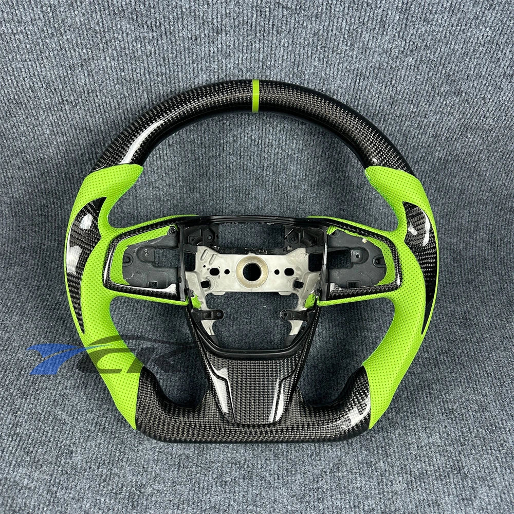 Custom Carbon Fiber Green Leather Steering Wheel – Civic 2016–2021 Custom Steering Wheel Axl Honda Civic