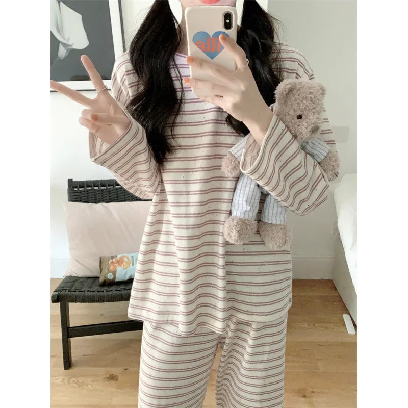 Women's Striped Pajama Set – Loose 2-Piece Casual Homewear Women's Pajama Set Axl purple-2 One Size
